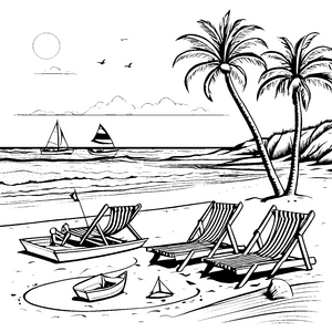 Entspanntes Strandparadies mit palmenumrahmten Liegen Ausmalbild für kleine Sandburgenbauer