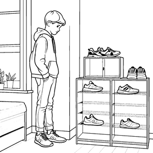 Funky Schuhschrank mit stylischen Sneakern Malvorlage für trendbewusste Kids