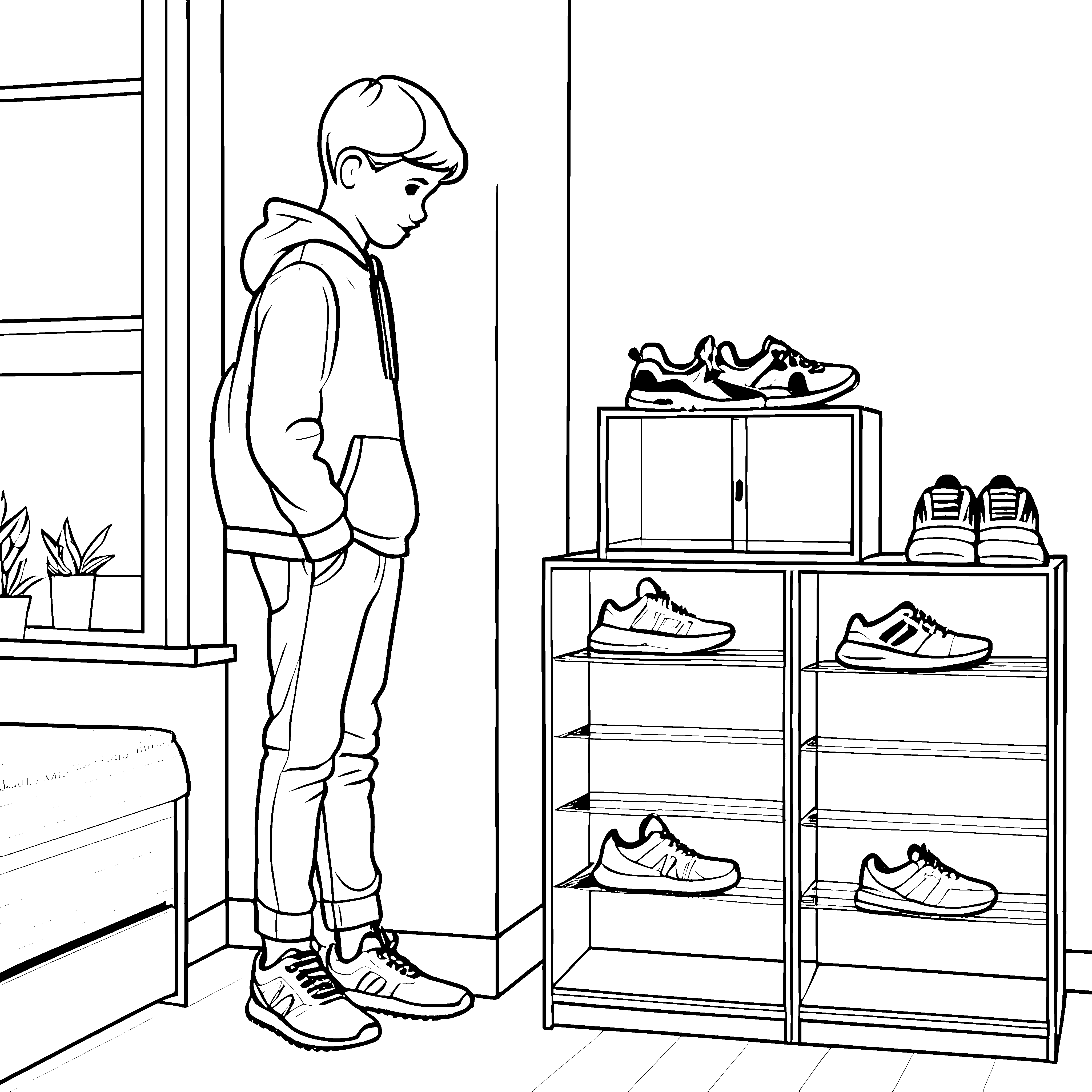 Funky Schuhschrank mit stylischen Sneakern Malvorlage für trendbewusste Kids