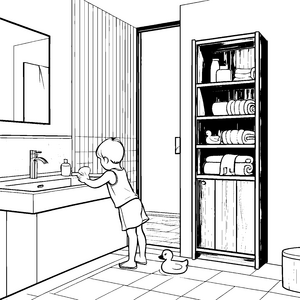 Badezimmer mit fröhlichem Entchen und Handtüchern Ausmalmotiv für neugierige Mini-Maler