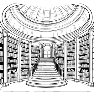 Wunderschöne Bibliothek mit großer Treppe Ausmalbild für wissbegierige Bücherfreundinnen