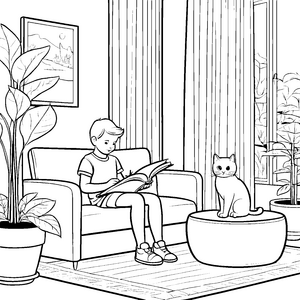 Gemütlicher Couchtisch mit neugieriger Katze Ausmalmotiv für fantasiereiche Entdecker