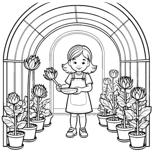 Entzückendes Mädchen mit frischen Artischocken im Gewächshaus Ausmalbild für kleine Gartenliebhaber