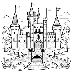 Majestätische Burg mit Zugbrücke Ausmalbild für fabelhafte Entdecker