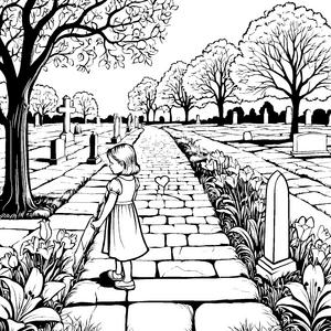 Traumhafte Blütenpracht im ruhigen Friedhof Ausmalvorlage für kleine Traumboten