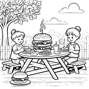 Leckere Hamburger-Pause beim Picnic Ausmalmotiv für hungrige Kinder
