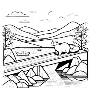 Frettchen auf der spannenden Brücke im Bergland Ausmalmotiv für neugierige Naturforscher