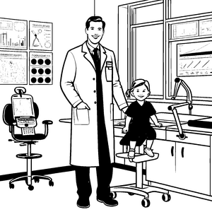 Herzlicher Arzt mit fröhlichem Mädchen im Sprechzimmer Ausmalmotiv für kleine Entdecker