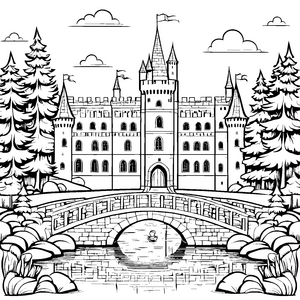 Fantastische Burg mit beruhigendem Wasserlauf Ausmalvorlage für kreative Entdecker