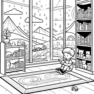 Gemütliche Leseecke mit bunten Spielkameraden Malvorlage für kreative Bücherwürmer