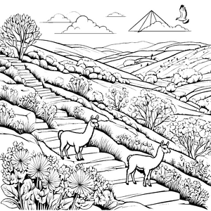 Lamas auf der sonnigen Blütenwiese Ausmalbild für abenteuerliche Künstler