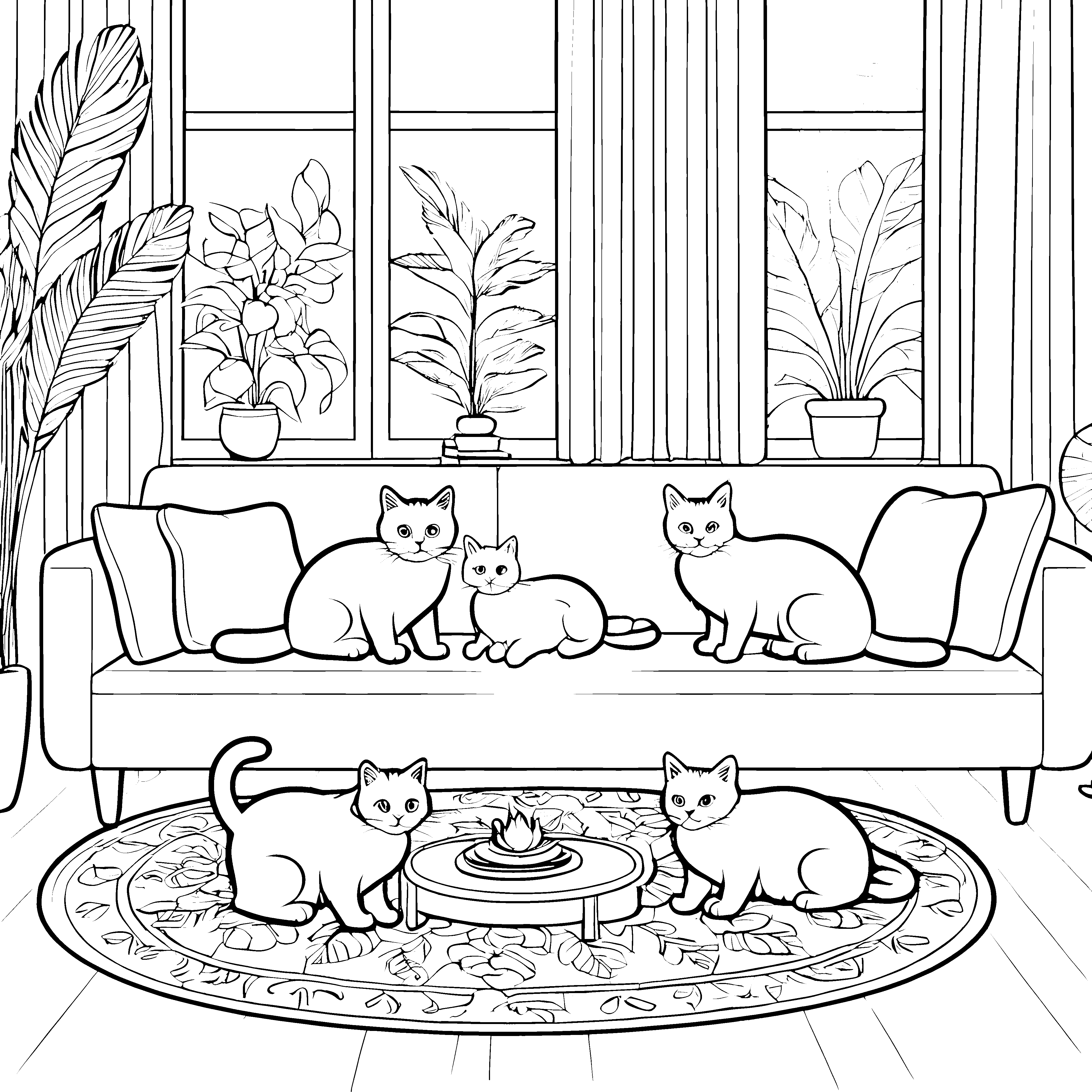 Vier gemütliche Schmusekatzen auf dem Sofa Ausmalvorlage für junge Tierfreunde