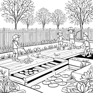 Fantasievoller Holzzaun im bunten Garten Ausmalbild für neugierige Abenteurer