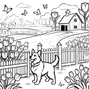 Fröhlicher Hofhund zwischen bunten Tulpen Ausmalvorlage für natürliche Entdecker