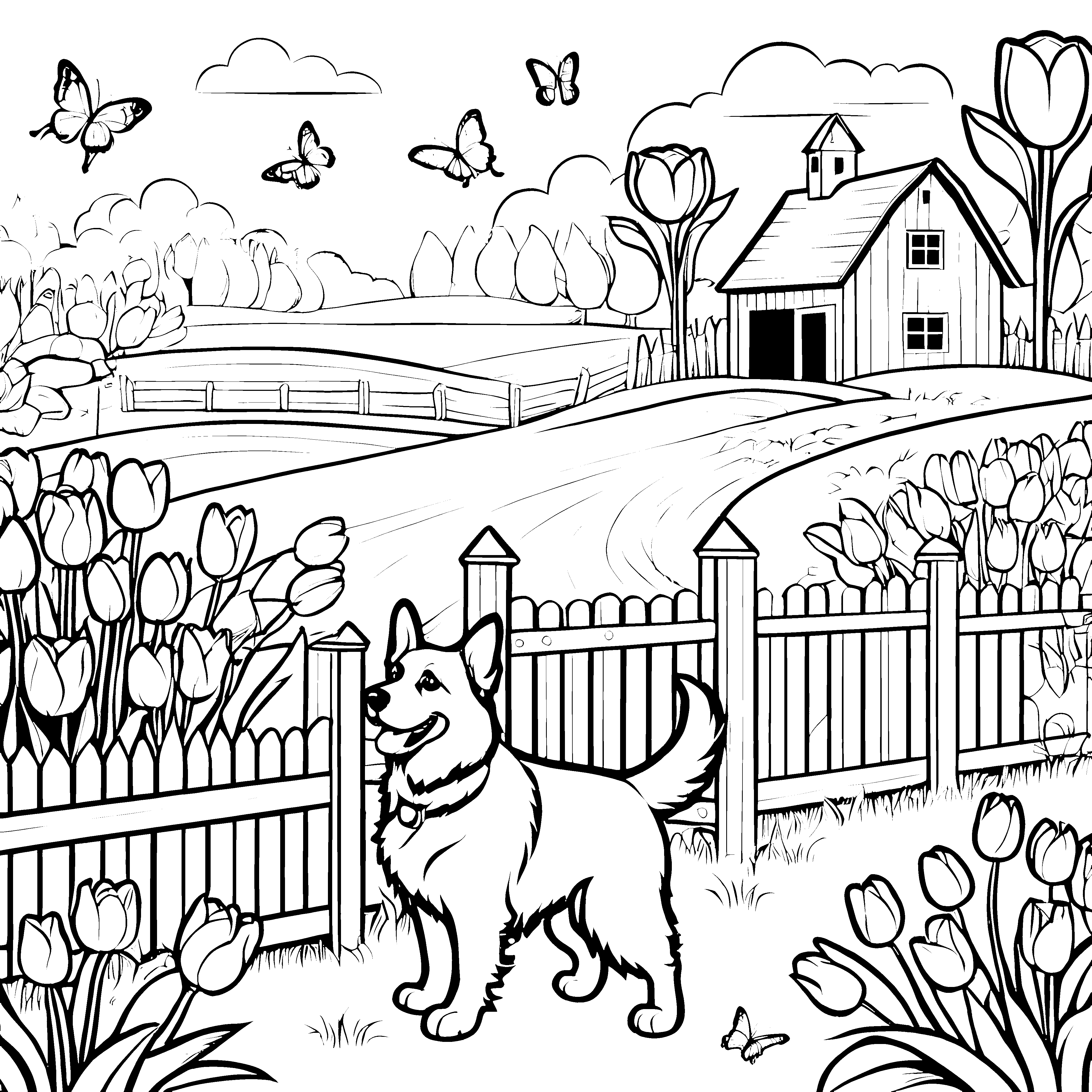 Fröhlicher Hofhund zwischen bunten Tulpen Ausmalvorlage für natürliche Entdecker