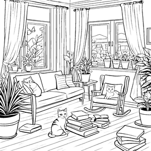 Gemütliche Hauskatzen entspannen im sonnigen Wohnzimmer Ausmalbild für neugierige Kätzchenfreunde