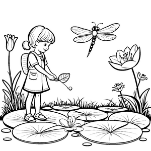Fröhliches Mädchen mit schimmernder Libelle Malvorlage für kleine Naturentdecker
