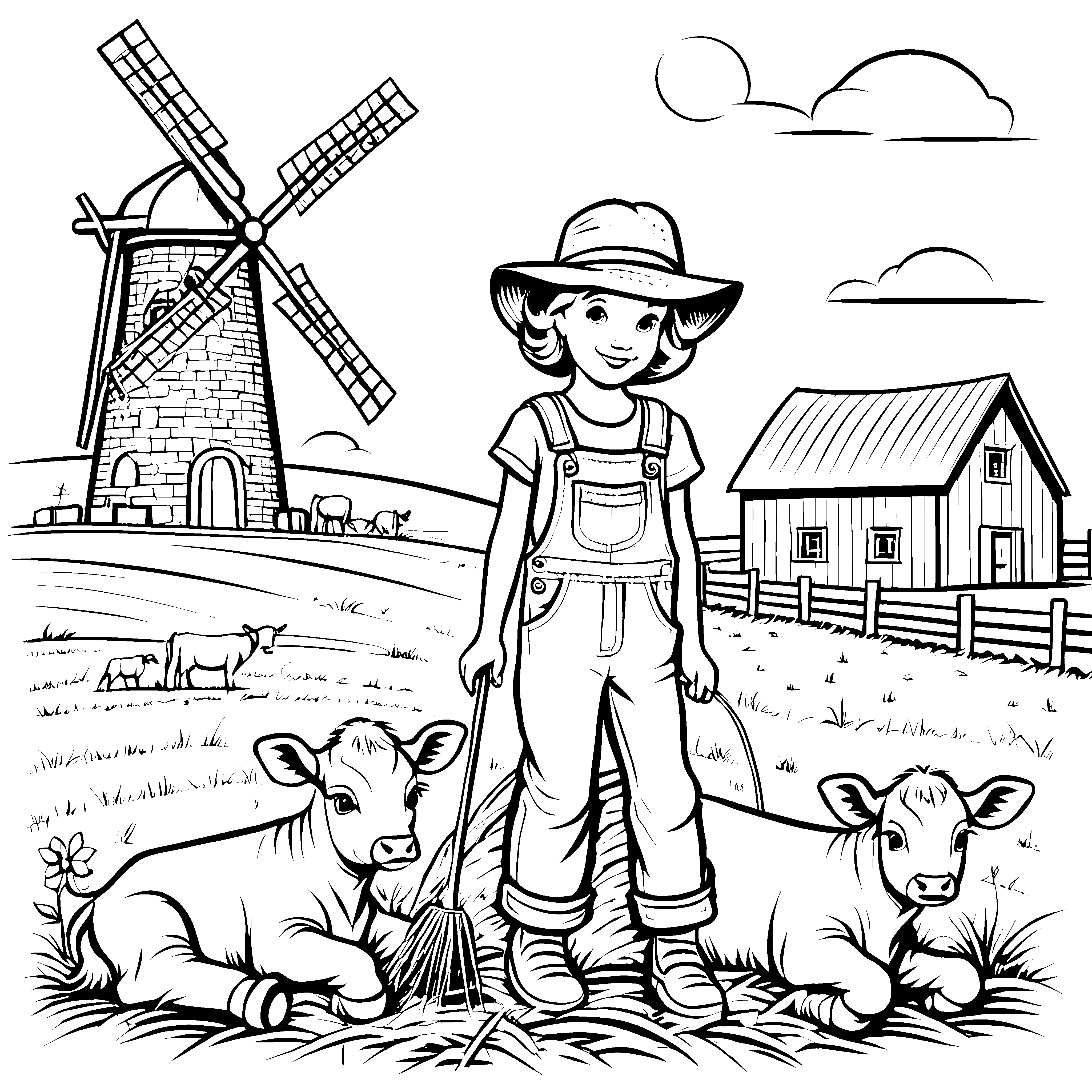 Fröhliches Mädchen mit zwei Kälbern und Windmühle Ausmalmotiv für kleine Bauernfreunde