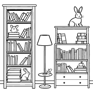 Hüpfende Kaninchen zwischen bunten Büchern Ausmalvorlage für kleine Bücherliebhaber