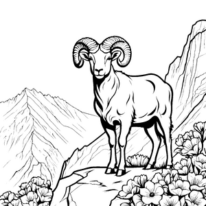 Majestätischer Widder auf blühendem Berggipfel Ausmalbild für mutige Naturforscher