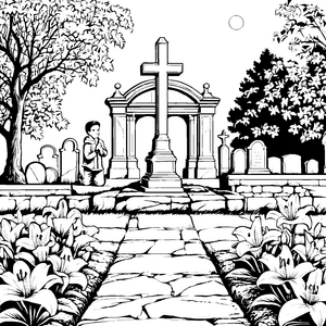 Ruhiger Friedhof mit blühenden Lilien Malvorlage für nachdenkliche kleine Künstler