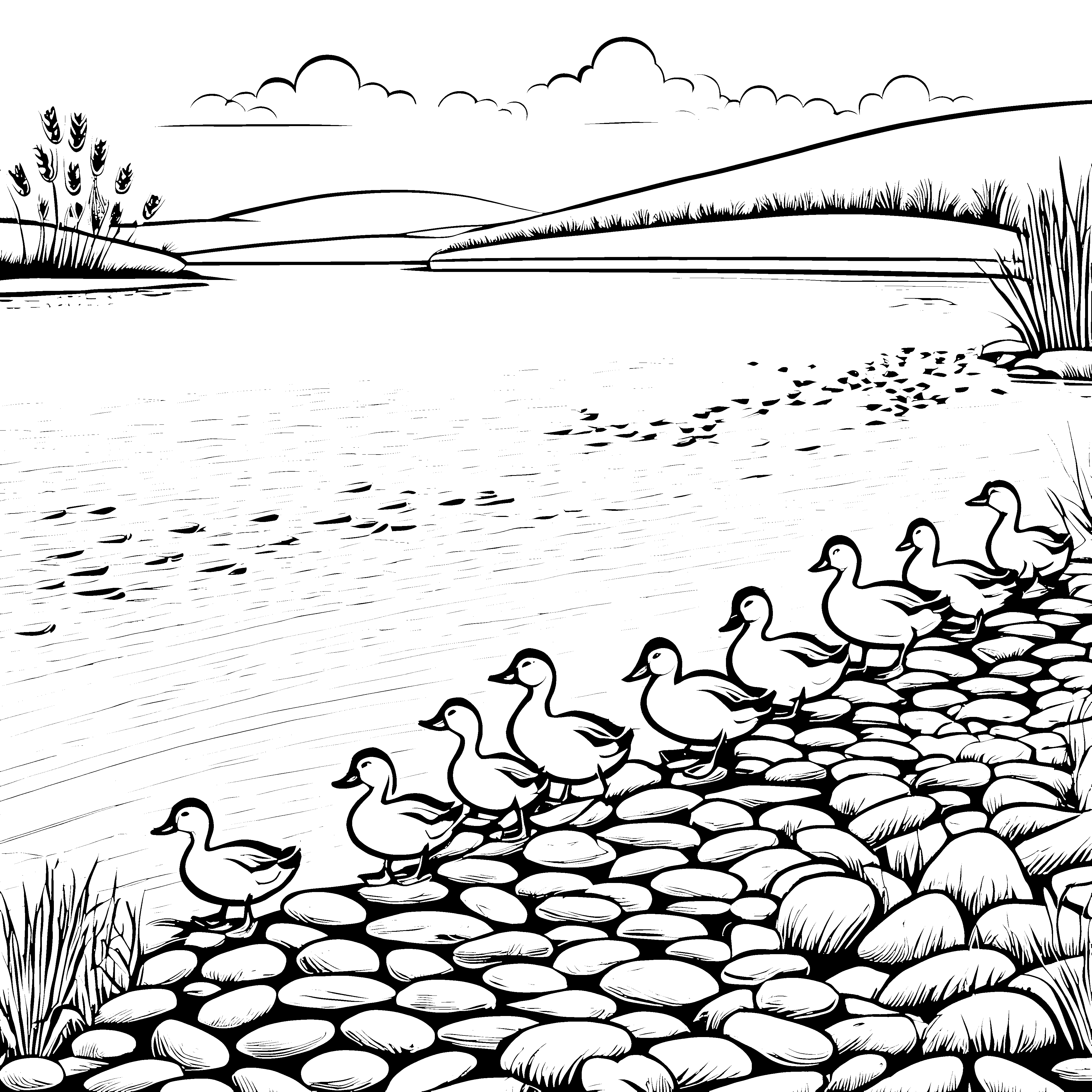 Entenfamilie am malerischen Ufer Ausmalvorlage für kleine Naturforscher