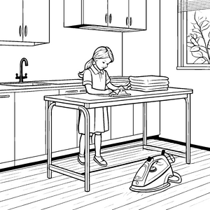 Hilfsbereite Künstlerin mit Dampfbügelstation Ausmalbild für junge Ordnungsmuffel