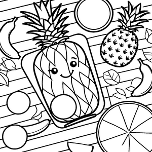 Fröhliche Ananas mit bunten Früchten Ausmalvorlage für spritzige Kreativköpfe