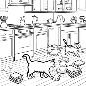 Verspielte Katzen erkunden die bunte Küche Ausmalmotiv für kleine Entdecker