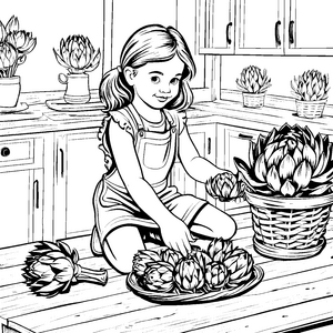 Fröhliches Mädchen mit bunten Artischocken Malvorlage für kreative Küchenzauberer