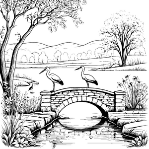 Beeindruckende Störche auf der malerischen Brücke Ausmalvorlage für kreative Naturliebhaber