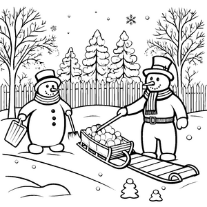 Schneemann-Freunde beim fröhlichen Winterspaß Ausmalbild für kreative Winterentdecker
