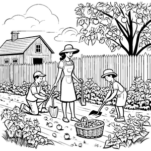 Fröhliche Familie im bunten Garten Ausmalmotiv für kleine Naturforscher