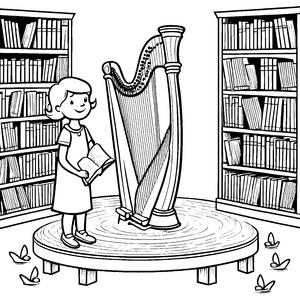 Fantasievolle Harfe mit neugierigem Mädchen Ausmalvorlage für kleine Musikentdecker
