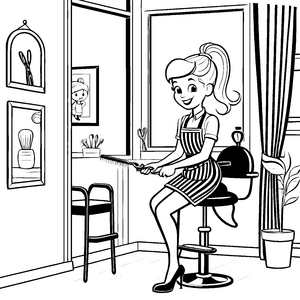 Frisierendes Fräulein im strahlenden Salon Ausmalbild für kreative Hairstylisten