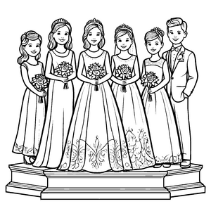 Elegante Hochzeitskleider mit tollen Blumensträußen Ausmalvorlage für fröhliche Hochzeitsträumer