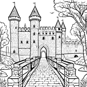 Majestätische Burg mit Zugbrücke Ausmalmotiv für kreative Burgforscher