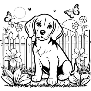 Beagle im blühenden Garten mit bunten Schmetterlingen Ausmalvorlage für kleine Naturentdecker