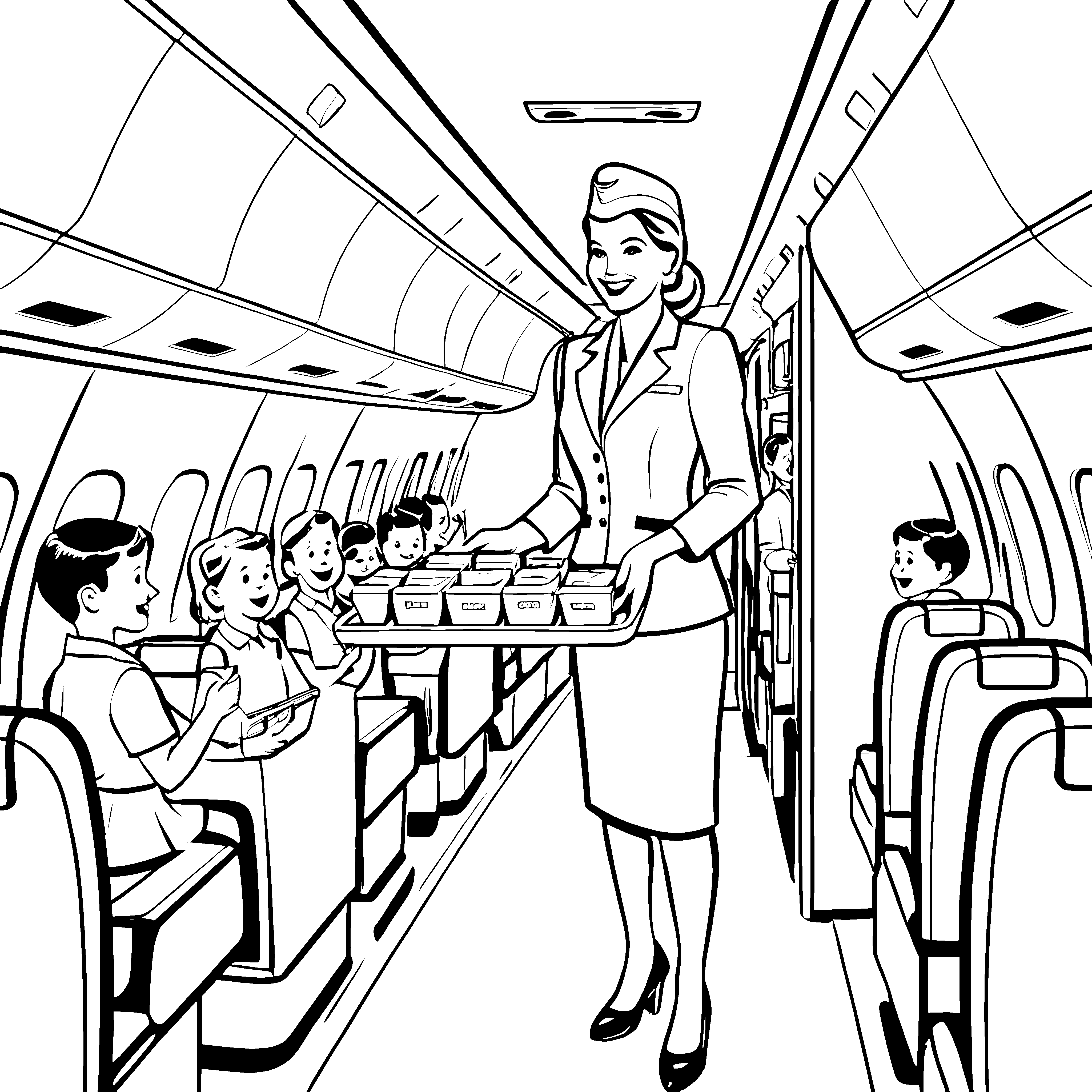 Lächelnde Flugbegleiterin mit köstlichen Snacks Ausmalbild für begeisterte Reisefans