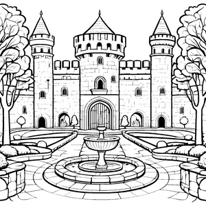 Majestätische Burg mit zauberhaftem Garten Ausmalbild für fantasievolle kleine Ritter