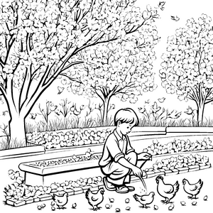 Kleiner Junge füttert fröhliche Hühner im Garten Ausmalbild für neugierige Entdecker