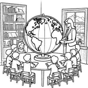 Wissensdurstige Schüler beim spannenden Globus-Entdecken Ausmalbild für neugierige Entdecker
