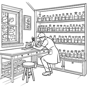 Kreativer Apotheker bei der Zaubermischung Ausmalvorlage für neugierige Entdecker
