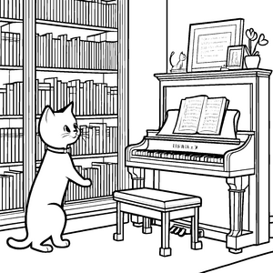 Musikliebende Katze entdeckt das Klavier Ausmalvorlage für neugierige Notenfreunde