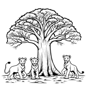 Neugierige Löwenbabys erkunden alten Baum Ausmalbild für abenteuerlustige Kinder