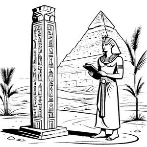 Weiser Ägypter mit Schreibtafel vor dem Pyramidenmotiv Ausmalbild für kreative Geschichtsfans