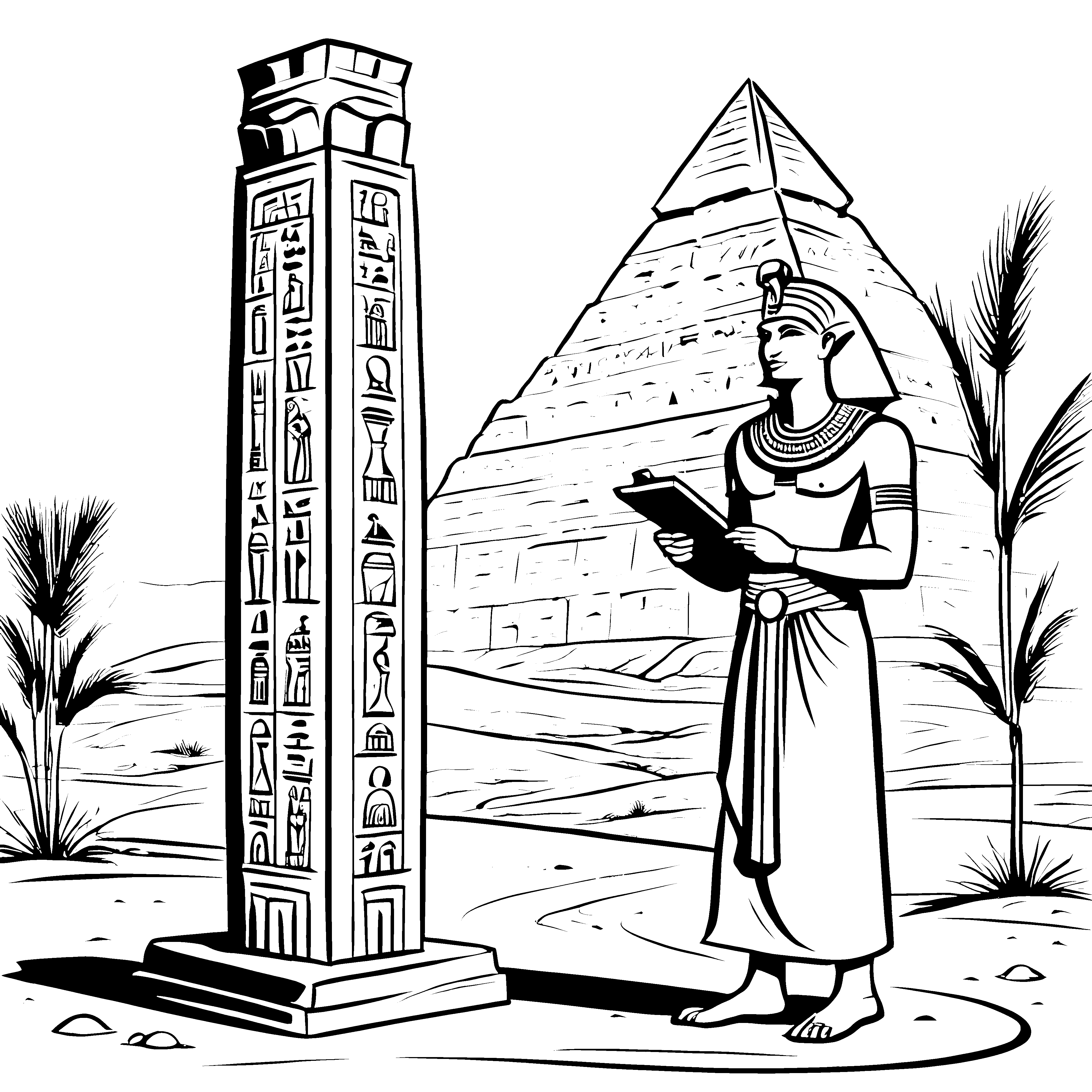 Weiser Ägypter mit Schreibtafel vor dem Pyramidenmotiv Ausmalbild für kreative Geschichtsfans