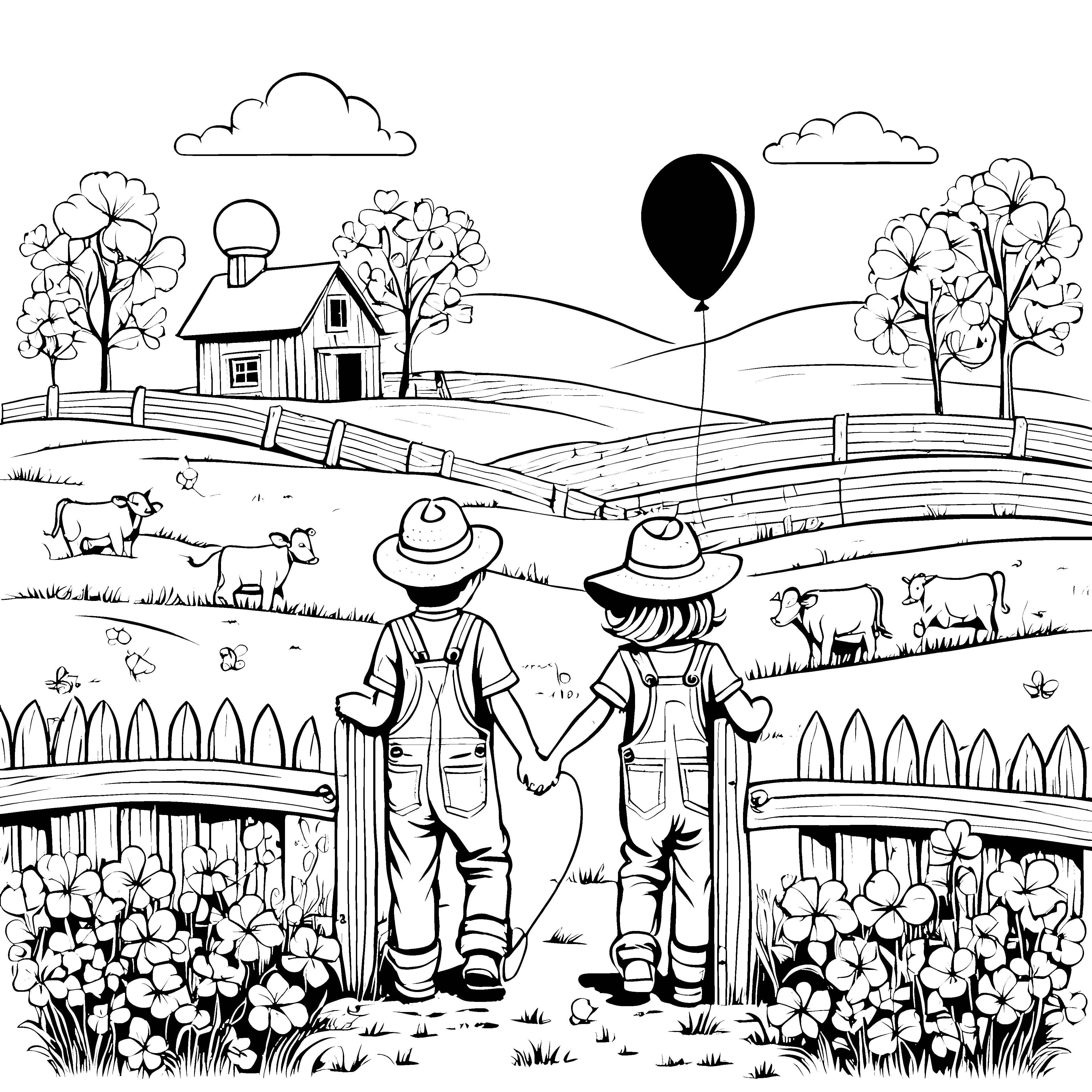 Happy Kids mit luftigem Ballon auf dem Bauernhof Ausmalbild für kleine Landliebhaber
