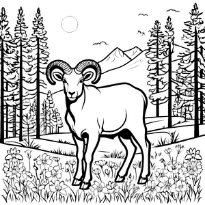 Majestätischer Widder in blühender Berglandschaft Ausmalbild für neugierige Naturfreunde