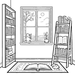 Gemütlicher Bücherschrank mit träumendem Kind Malvorlage für fantasiebegabte Entdecker